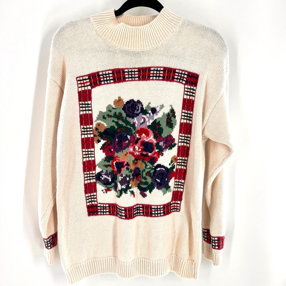 women's SM vintage floral intarsia mock neck sweater plaid off white pink purple - Picture 4 of 8